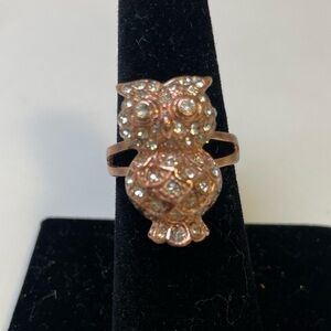 Rose Gold Tone and Rhinestone Owl Ring size 6.5